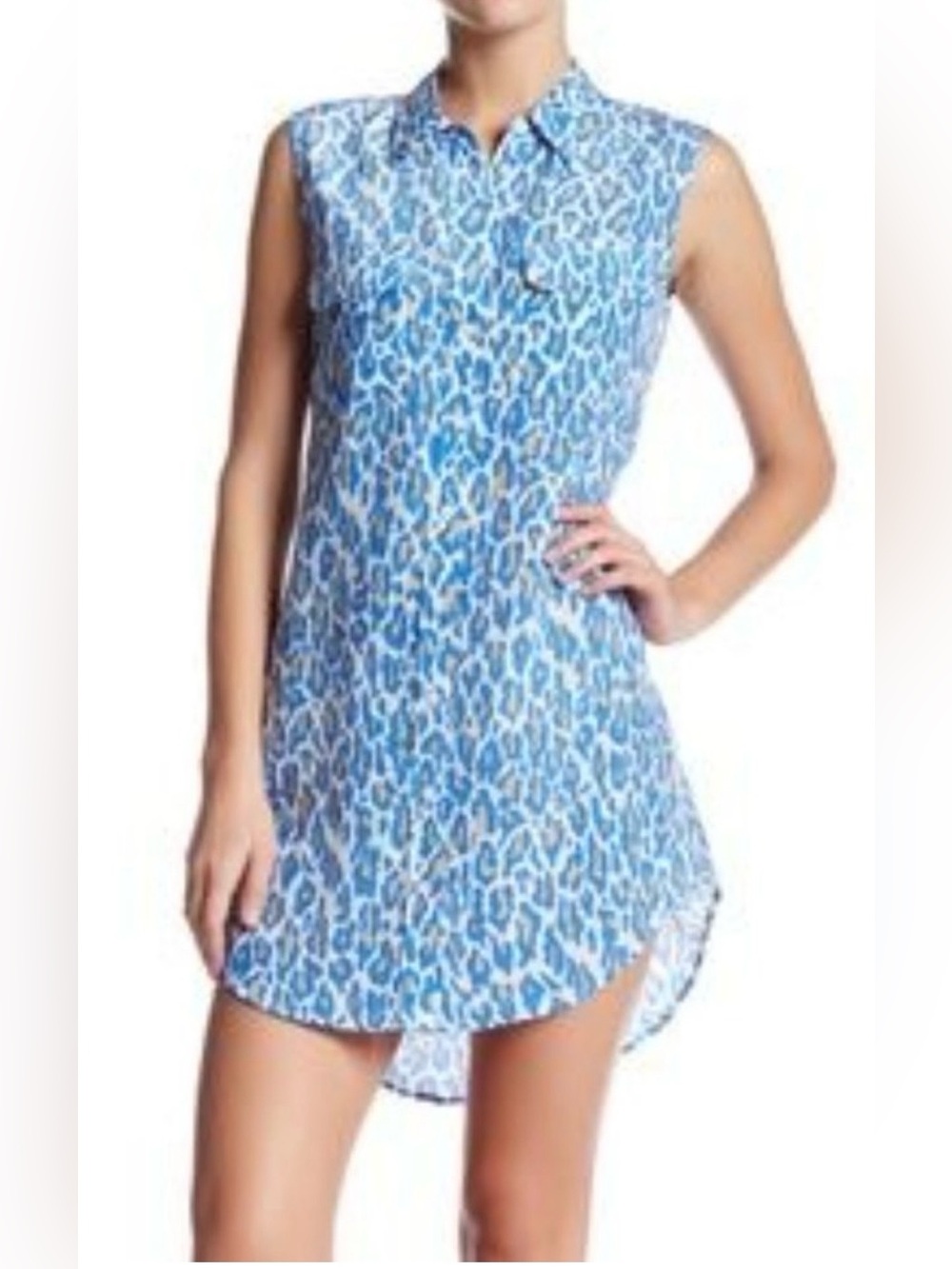Equipment Femme silk Blue and Tan Leopard Print sleeveless shirt dress